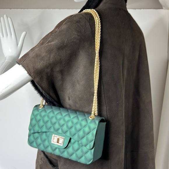 Emerald Green Rubber Embossed Quilted Chain Shoulder Crossbody Flap Bag - Picture 9 of 11